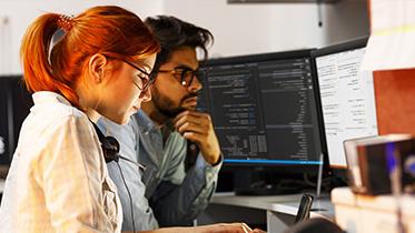 Two students studying on a computer together